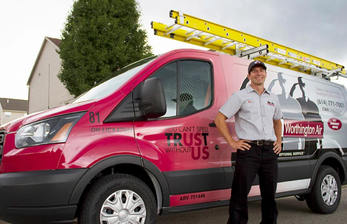 Columbus Worthington Air technician arriving for an HVAC maintenance check in a branded service van.