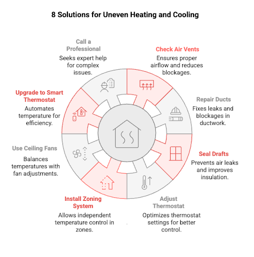 Infographic showing 8 solutions for uneven heating and cooling, including suggestions such as calling a professional, checking air vents, repairing ducts, sealing drafts, upgrading to a smart thermostat, using ceiling fans, installing a zoning system, and adjusting the thermostat.